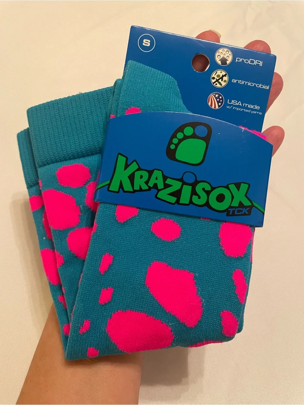 TCK KraziSox Bright Turquoise & Hot Pink Leopard Print Socks, NWT, Youth Sz 12-5